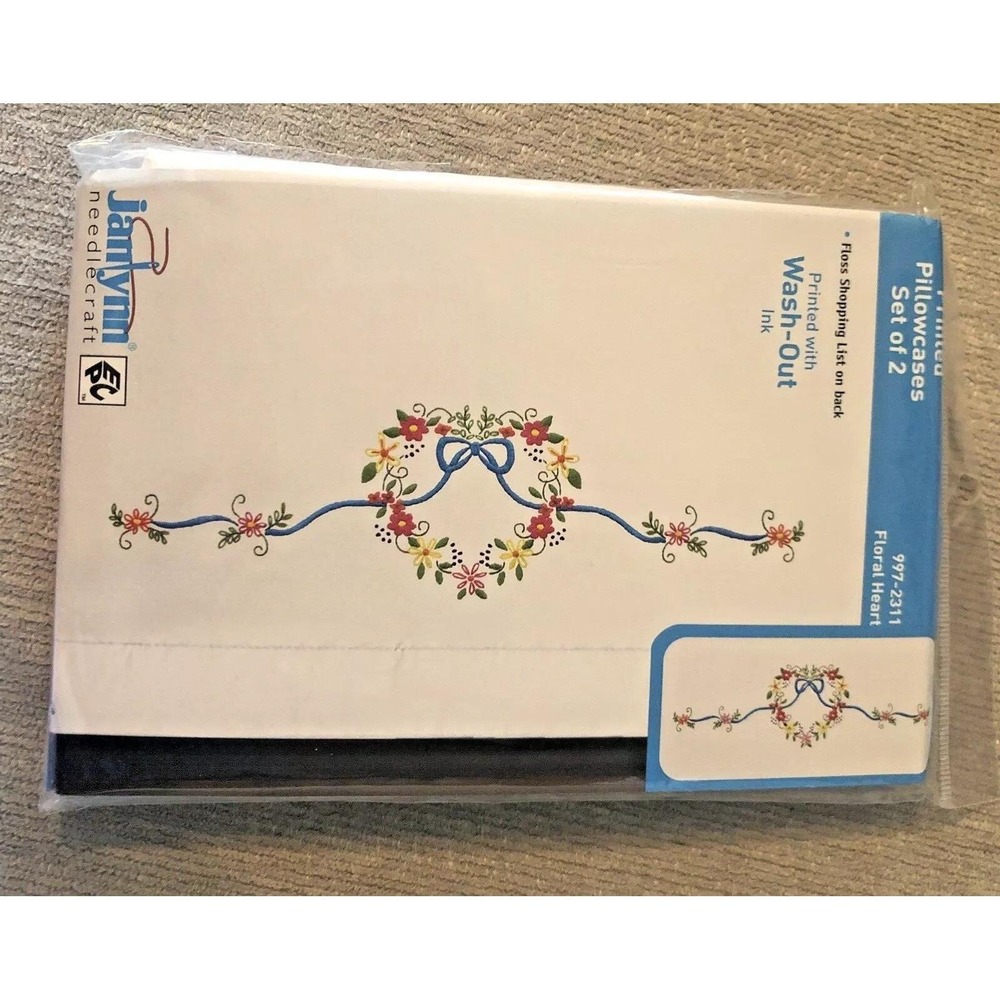Janlynn Needlecraft 9972311 Floral Heart Stamped Cross Stitch Pillowcase Set New